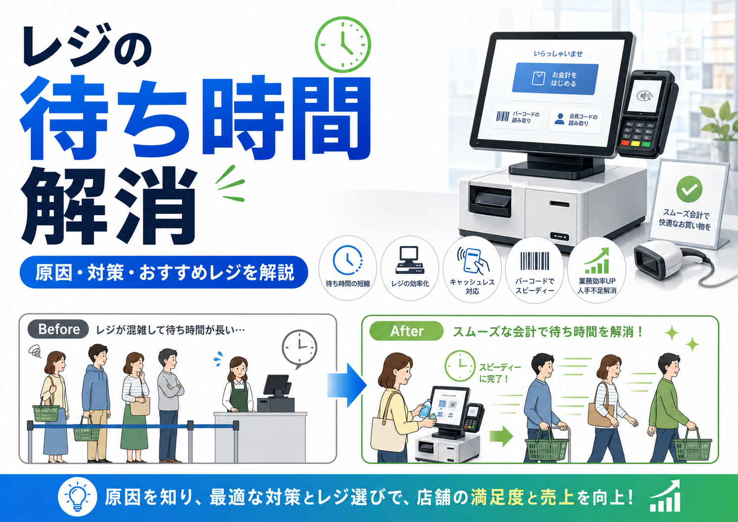 レジの待ち時間を解消する方法は?原因や対策・おすすめレジを徹底解説